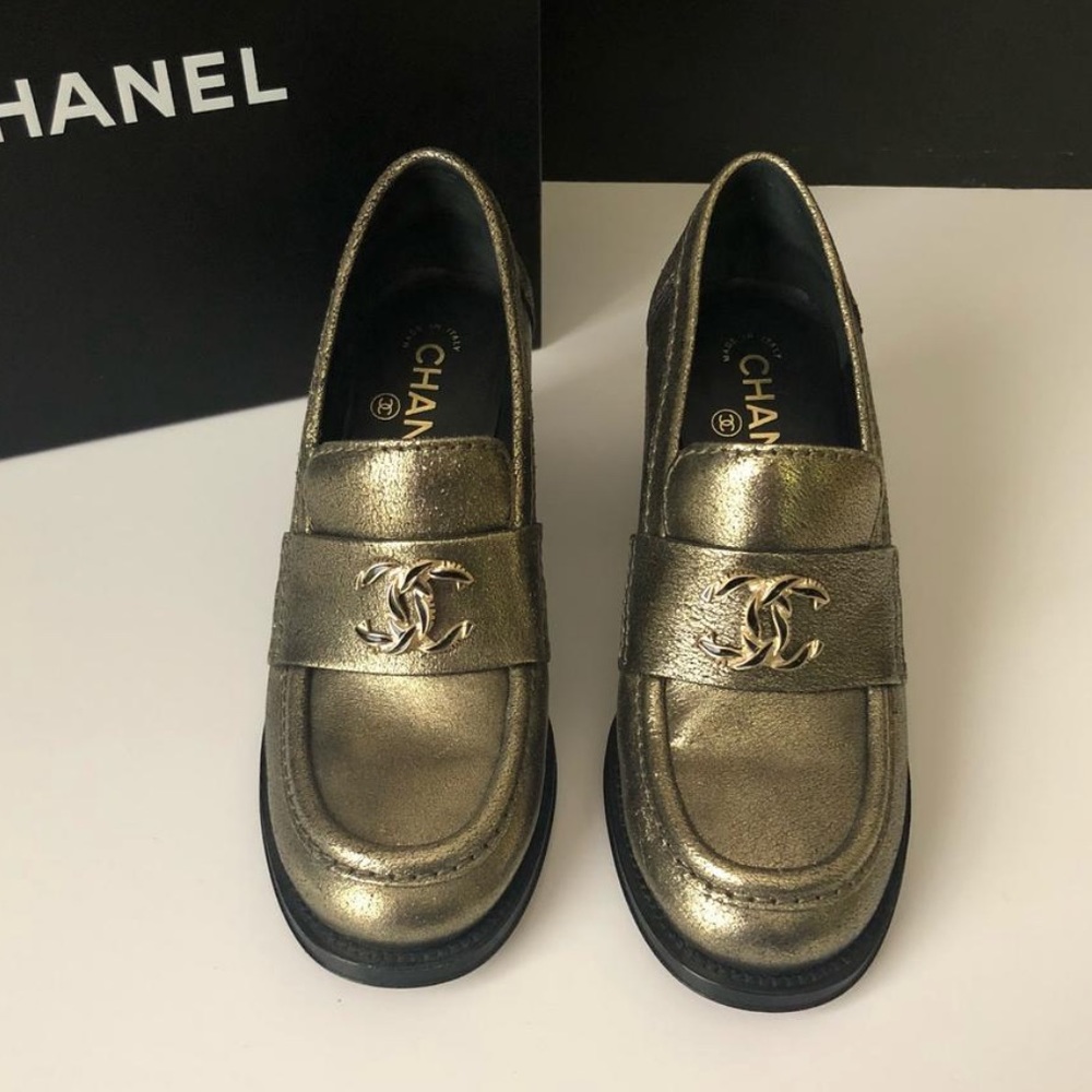 CHANEL Gold Loafers